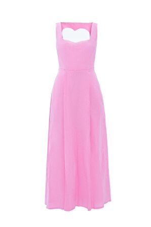 %100 Linen Love Shaped Maxi Dress Pembe