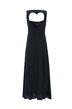 %100 Linen Love Shaped Maxi Dress Siyah