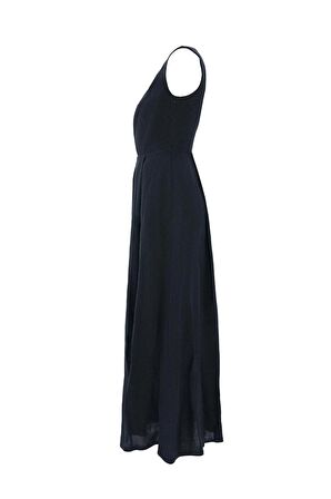 %100 Linen Love Shaped Maxi Dress Siyah
