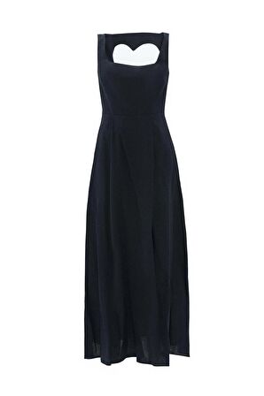 %100 Linen Love Shaped Maxi Dress Siyah