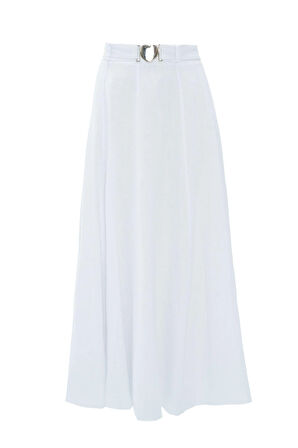 %100 Keten Maxi Boy Heidi Etek Beyaz