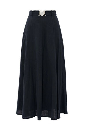 %100 Keten Maxi Boy Heidi Etek Siyah