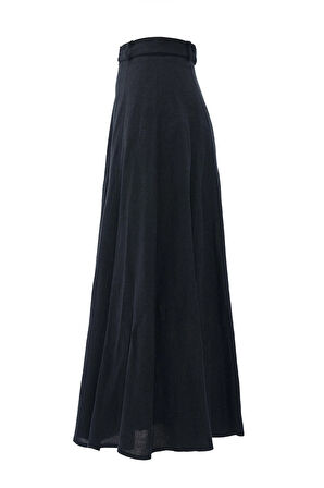 %100 Keten Maxi Boy Heidi Etek Siyah