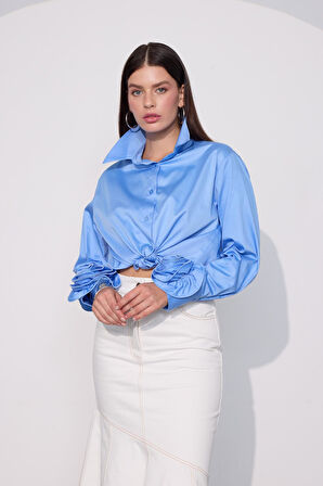 Floral Sleeves %100 Koton Uzun Kollu Gömlek Koyu Mavi