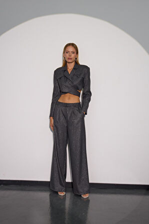 City Glam Bel Detaylı Sim Çizgili Kumaş Pantolon ANTRASİT-GÜMÜŞ