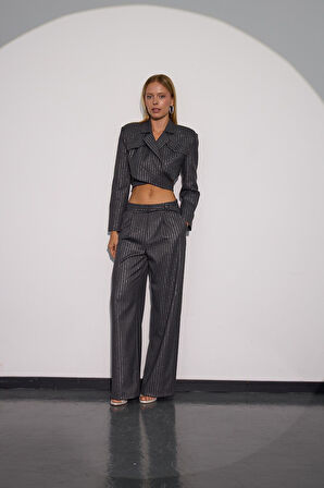 City Glam Bel Detaylı Sim Çizgili Kumaş Pantolon ANTRASİT-GÜMÜŞ