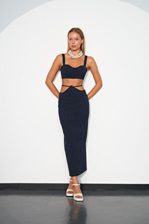 City Vibes Bel Detaylı Maxi Boy Çizgili Etek Lacivert