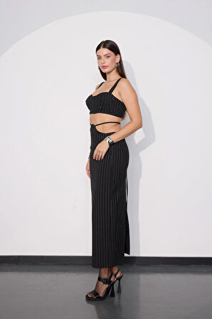 City Vibes Bel Detaylı Maxi Boy Çizgili Etek Siyah