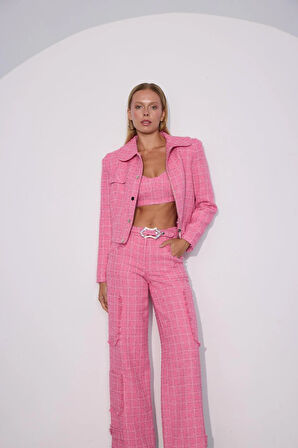 Tweed Royale Sim Detaylı Blazer Ceket Pembe