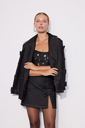 Chic Bow Fiyonklu Mini Denim Etek BLACK