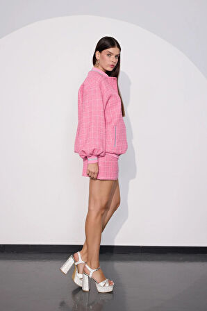 Tweed Royale Sim Detaylı Mini Etek Pembe