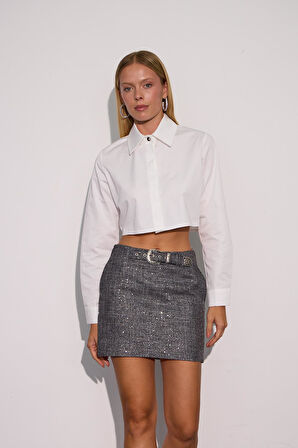 City Chic Payet Detaylı Kemerli Mini Etek SİYAH-GÜMÜŞ