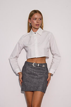 City Chic Payet Detaylı Kemerli Mini Etek SİYAH-GÜMÜŞ