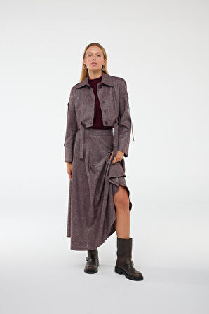 City Chic Payet Detaylı Işıltılı Kumaşlı Maxi Boy Etek KIRMIZI-GÜMÜŞ