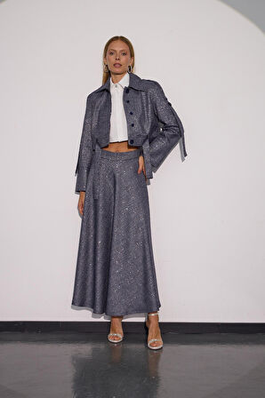 City Chic Payet Detaylı Işıltılı Kumaşlı Maxi Boy Etek LACİVERT-GÜMÜŞ