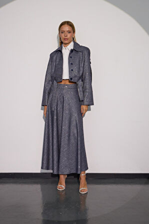 City Chic Payet Detaylı Işıltılı Kumaşlı Maxi Boy Etek LACİVERT-GÜMÜŞ