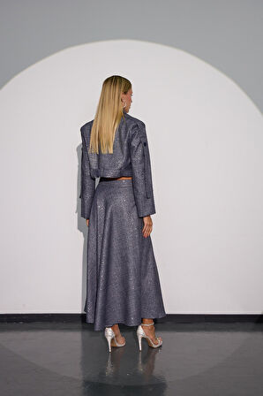 City Chic Payet Detaylı Işıltılı Kumaşlı Maxi Boy Etek LACİVERT-GÜMÜŞ