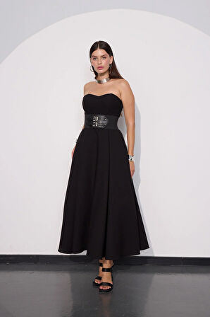 Sophisticated Corsage Elegance Maxi Boy Elbise Siyah