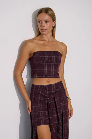 Super Crystal Plaid Ekoseli Crop Büstiyer Bordo