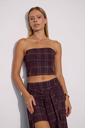 Super Crystal Plaid Ekoseli Crop Büstiyer Bordo