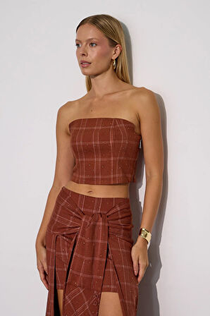 Super Crystal Plaid Ekoseli Crop Büstiyer Camel