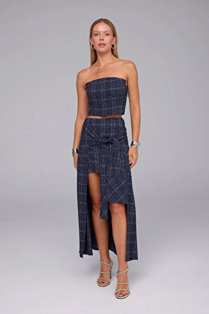 Super Crystal Plaid Ekoseli Crop Büstiyer İNDİGO