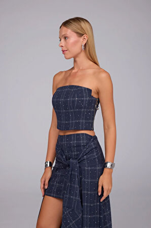 Super Crystal Plaid Ekoseli Crop Büstiyer İNDİGO