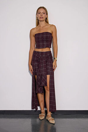 Crystal Plaid Gömlek Görünümlü Ekoseli Etek Bordo