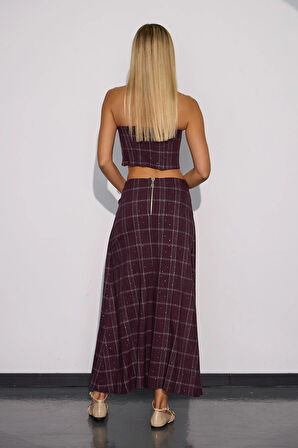 Crystal Plaid Gömlek Görünümlü Ekoseli Etek Bordo