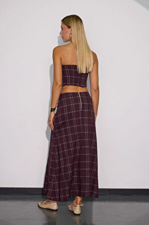 Crystal Plaid Gömlek Görünümlü Ekoseli Etek Bordo
