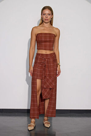 Crystal Plaid Gömlek Görünümlü Ekoseli Etek Camel