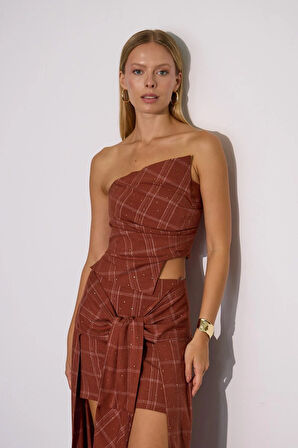 Crystal Plaid Gömlek Görünümlü Ekoseli Etek Camel