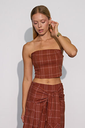 Crystal Plaid Gömlek Görünümlü Ekoseli Etek Camel