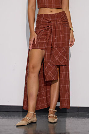 Crystal Plaid Gömlek Görünümlü Ekoseli Etek Camel