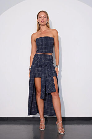 Crystal Plaid Gömlek Görünümlü Ekoseli Etek İNDİGO