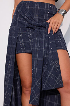 Crystal Plaid Gömlek Görünümlü Ekoseli Etek İNDİGO