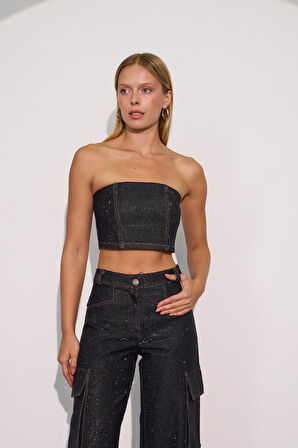 Shine Bright Like A Diamond Denim Büstiyer BLACK