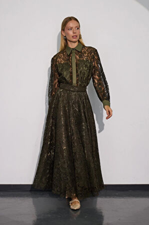 Lace Blossom Glow Maxi Boy Dantel Etek Haki