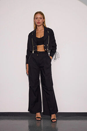 Urban Luxe Bel Detaylı Bol Pantolon Siyah