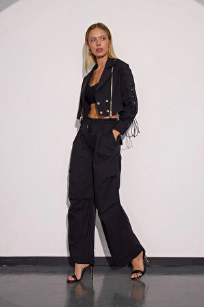 Urban Luxe Bel Detaylı Bol Pantolon Siyah
