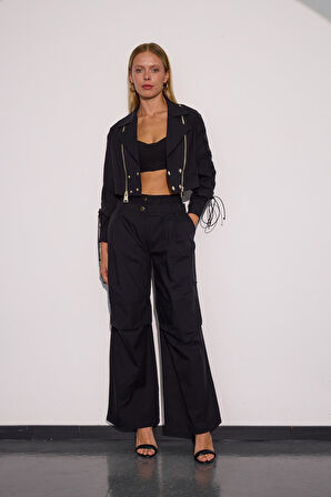 Urban Luxe Bel Detaylı Bol Pantolon Siyah
