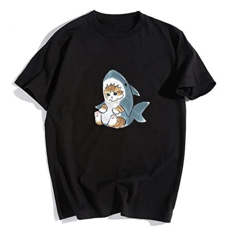 Shark Cat Siyah Unisex Oversize T-shirt