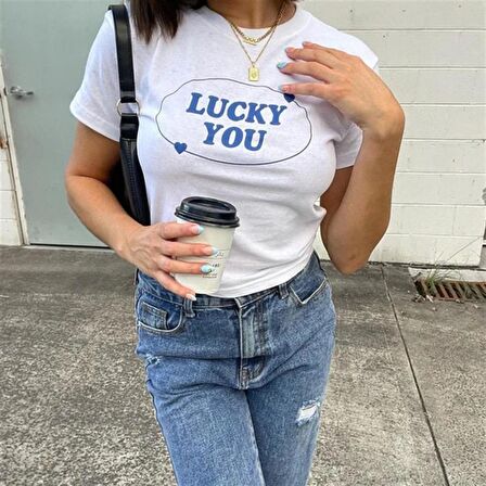 Lucky You Baskılı Beyaz Crop