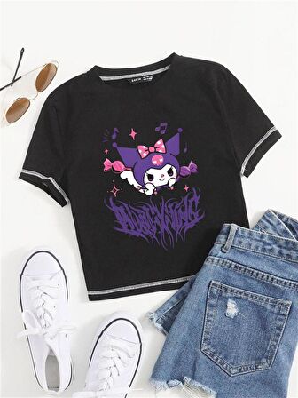 Kuromi Baskılı Ters Dikiş Siyah Crop