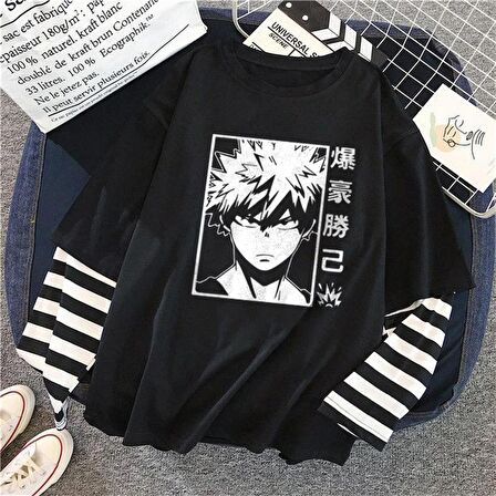 Bakugo Baskılı Fake Sleeves Unisex Siyah T-shirt