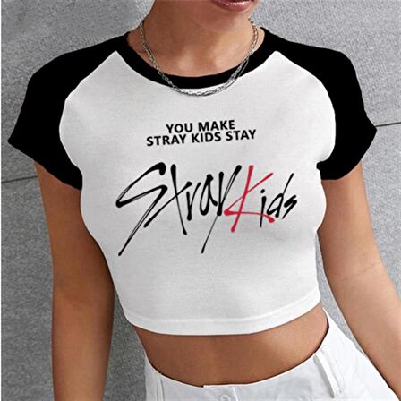 Stray Kids Baskılı Reglan Kol Beyaz Crop