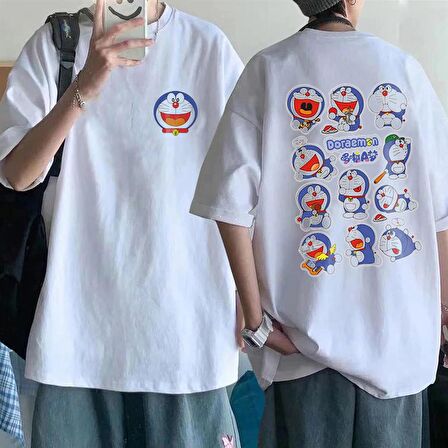 Doraemon Collage Sırt Baskılı Beyaz Unisex Oversize T-shirt