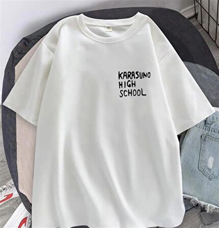 Karasuno High School Baskılı Beyaz Unisex Oversize T-shirt