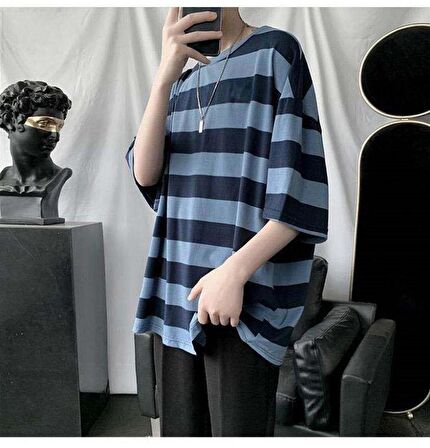 Mavi Siyah Çizgili Unisex Oversize T-shirt