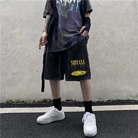 Nirvana Baskılı Siyah Unisex Penye Şort